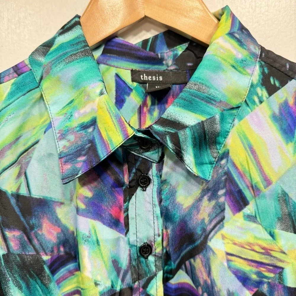 Thesis Teal Green Blue & Purple Color Splash 3/4 Sleeve Button Front Shirt XL